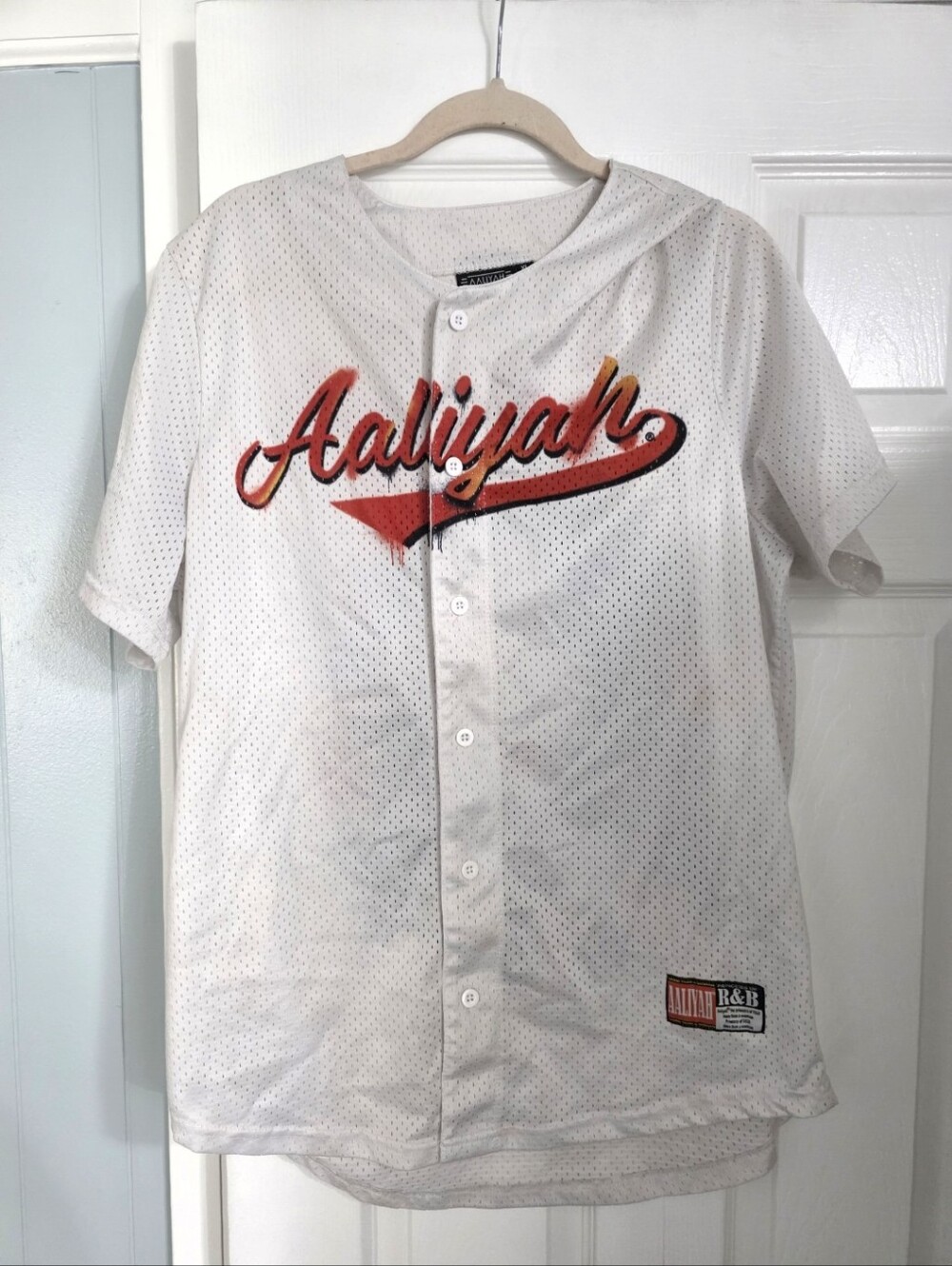 Aaliyah Y2K Vintage RnB Princess White Mesh Baseball Jersey Shirt Hip Hop Urban